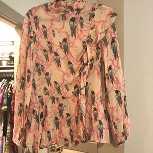 Asymmetrical Flowy Long Sleeve Painted Birds shirt